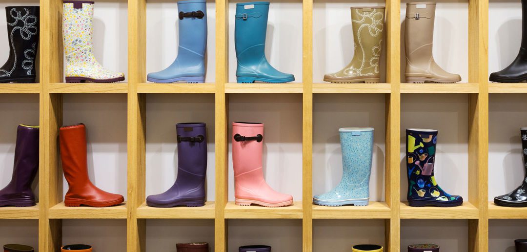 Bedding store or rainboots on display