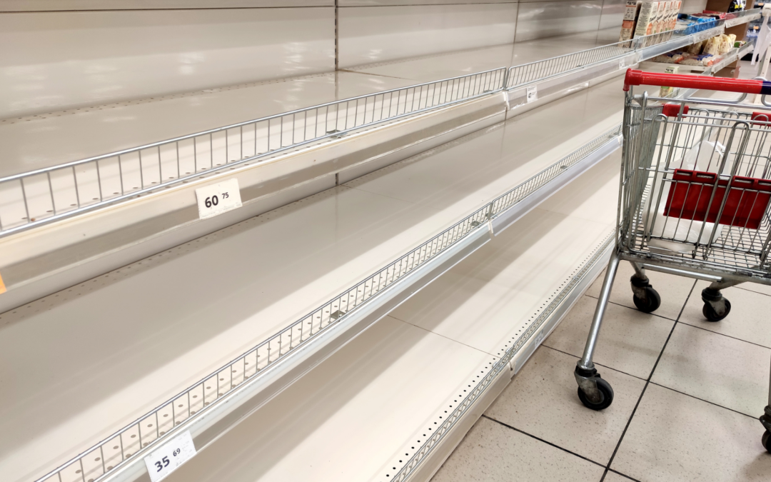 An empty metal grocery cart with a red handlebar next to empty shelves with price stickers in a store.