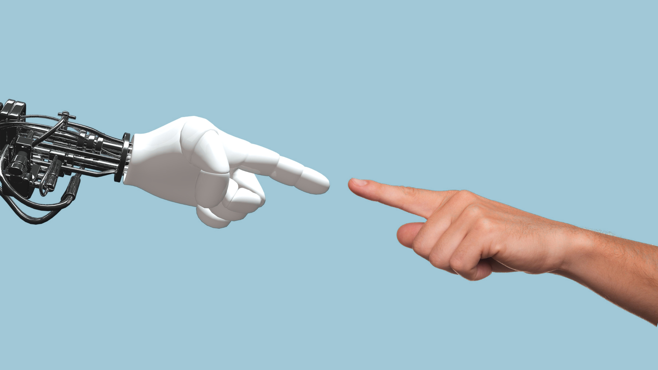 A robot hand trying to touch index fingers with a human hand, displaying connection