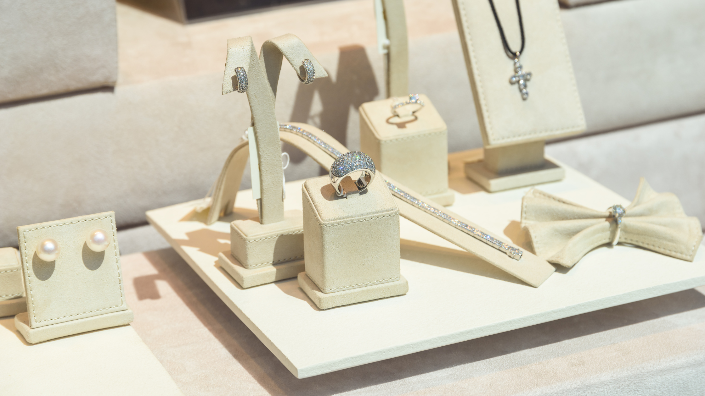 An organized display of jewelry in a store